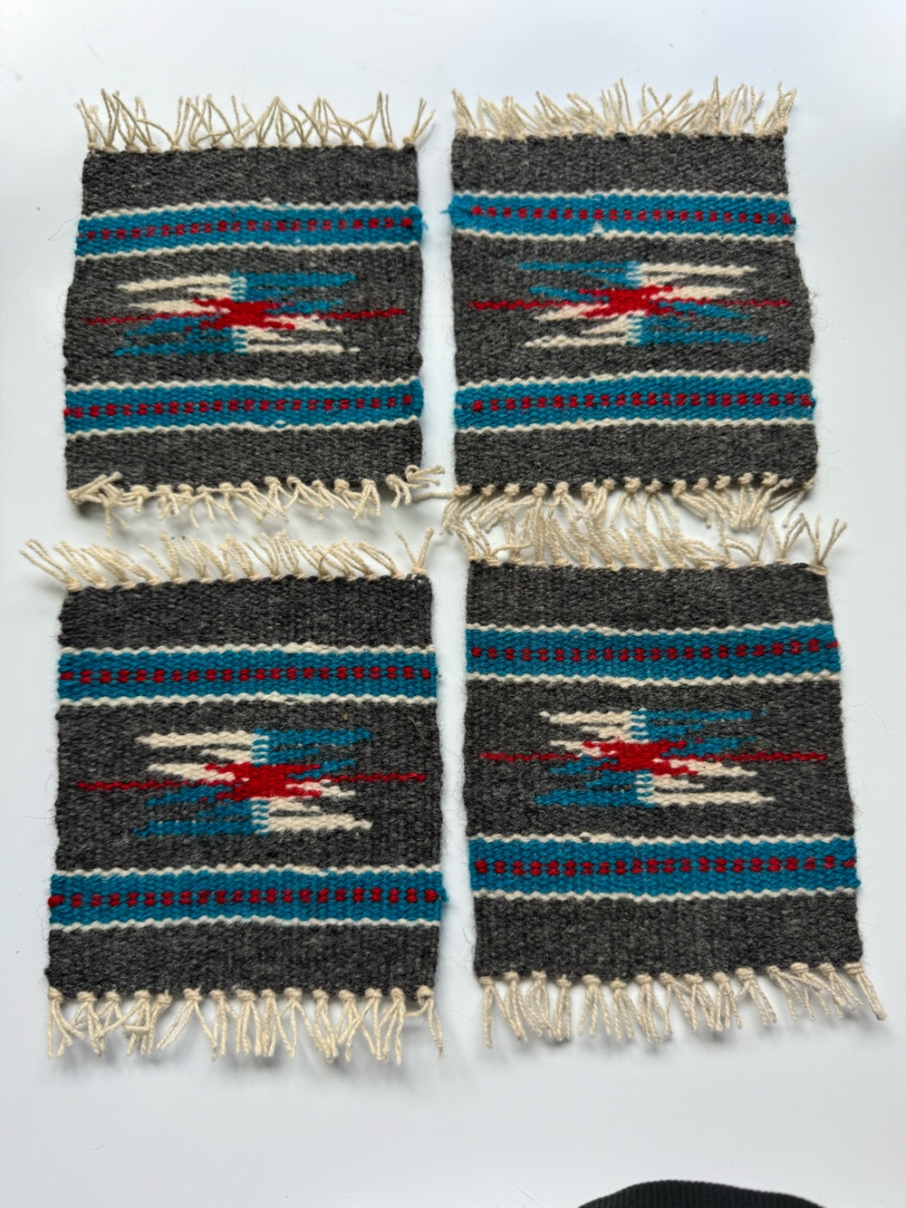 Native American Hand Woven Vintage Coasters Set Of 4 Grey,Red,Blue,White design